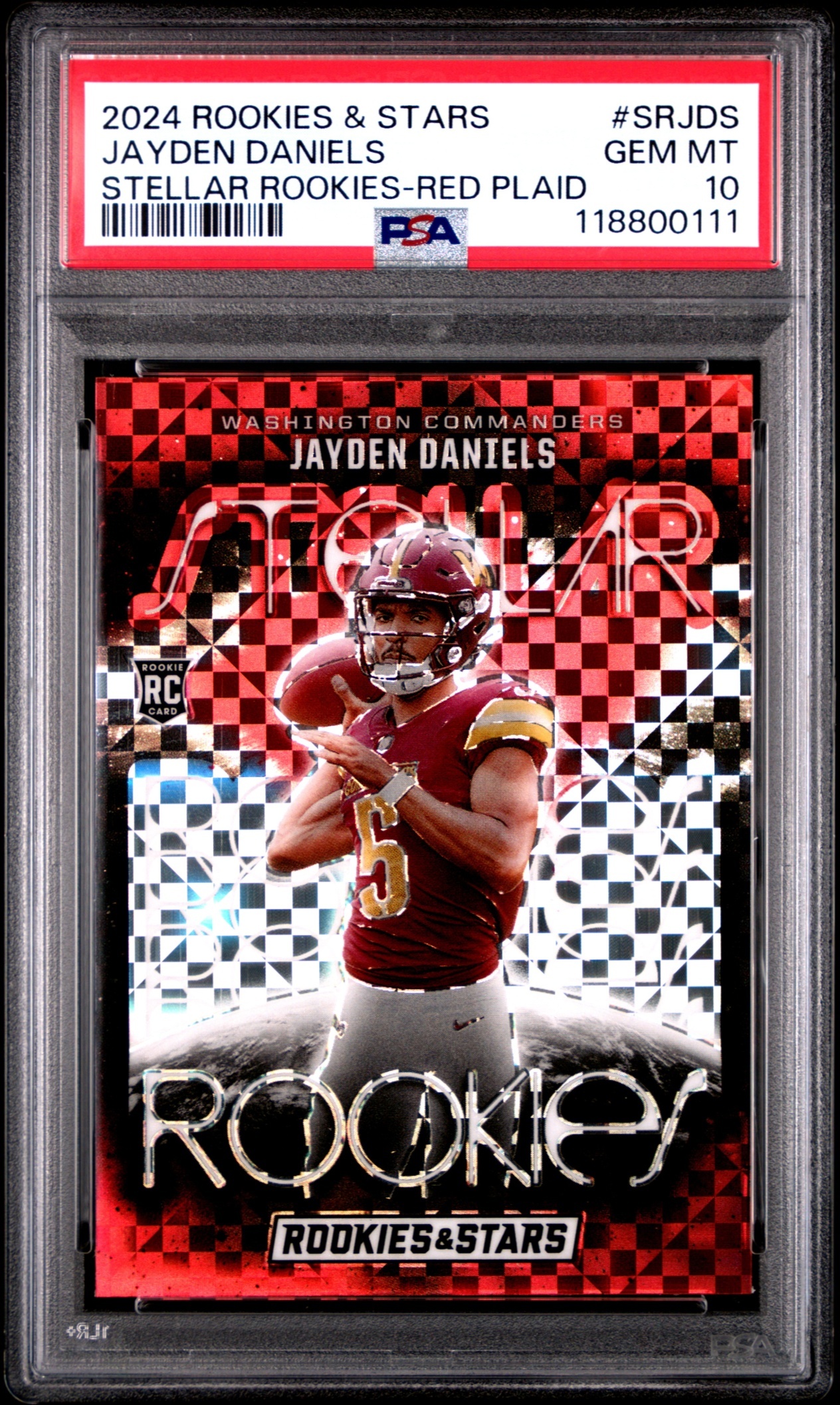 Card image for 2024 Panini Rookies & Stars Jayden Daniels Stellar Red Plaid #SR-JDS RC Commanders