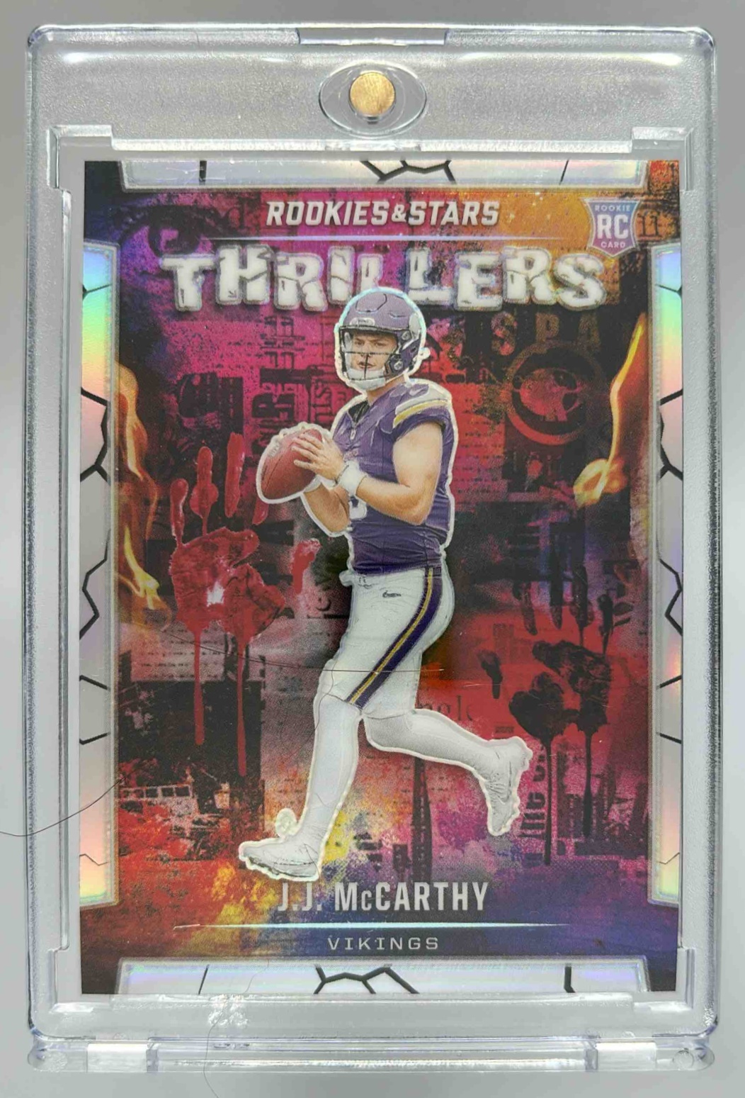 Card image for 2024 Panini Rookies & Stars J.J. McCarthy Thrillers Silver #T-JMY RC Vikings