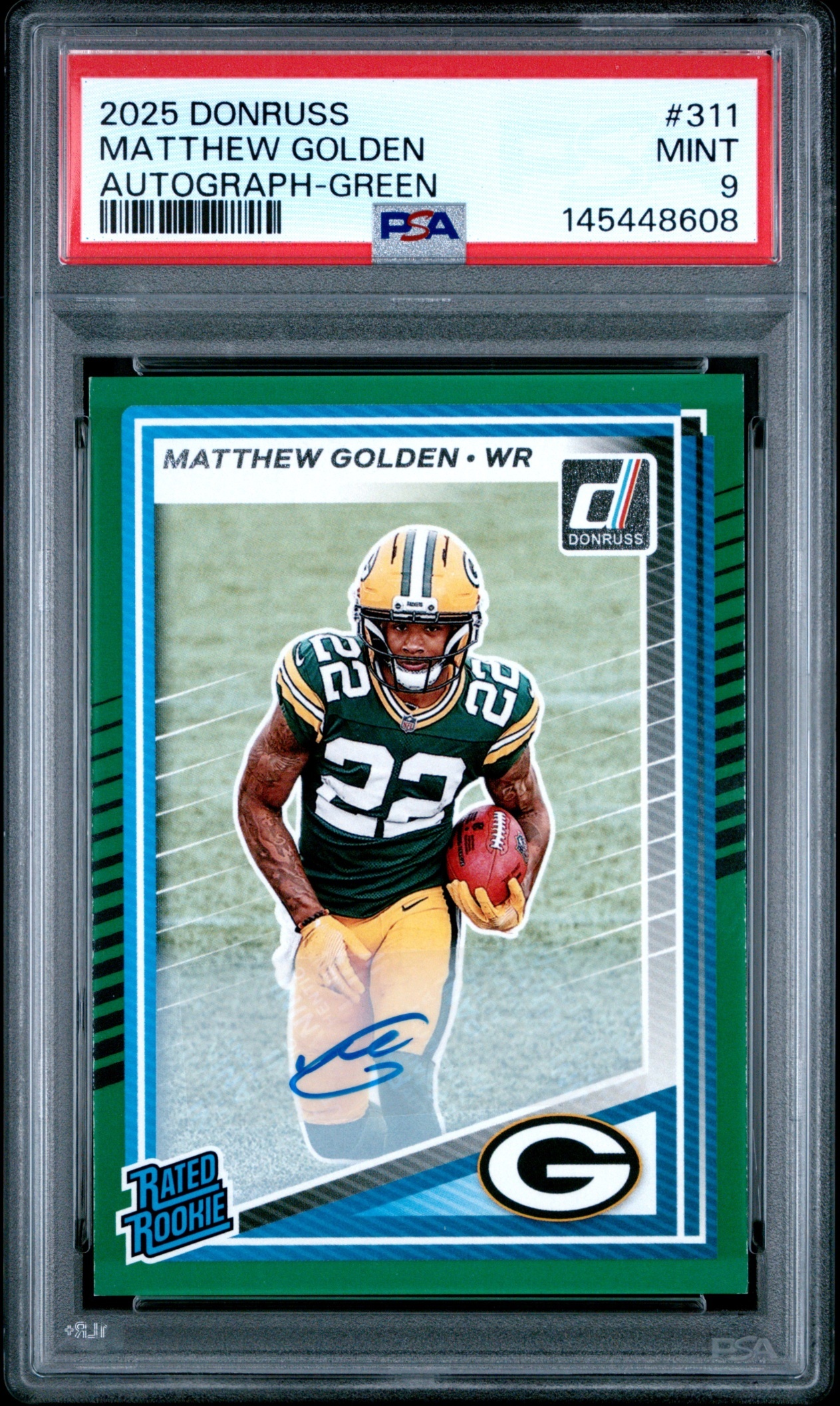 Card image for 2025 Panini Donruss Matthew Golden Rated Rookie Auto Green #311 RC Packers
