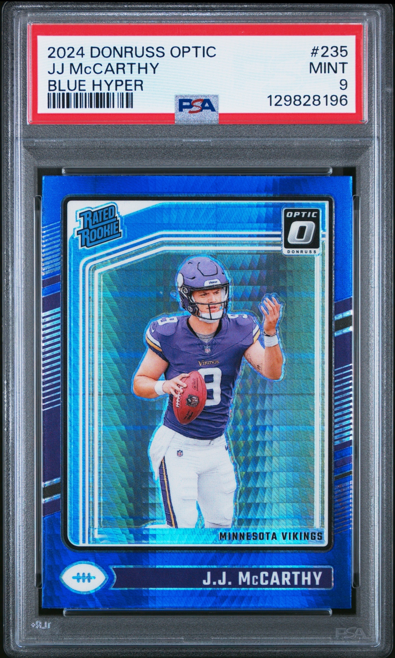 Card image for 2024 Panini Donruss Optic J.J. McCarthy Blue Hyper #235 Rated Rookie Vikings