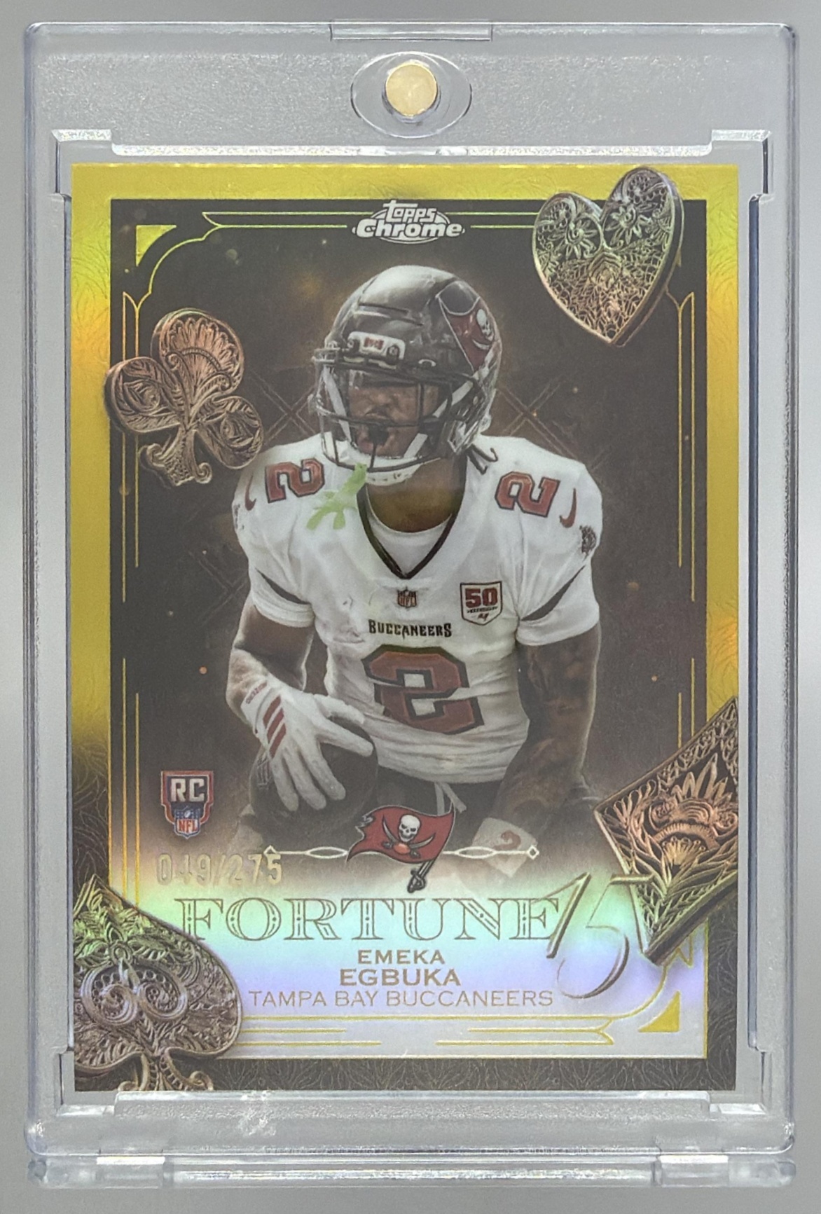 Card image for 2025 Topps Chrome Emeka Egbuka Fortune 15 Yellow Refractor /275 #F15-21 RC Buccaneers