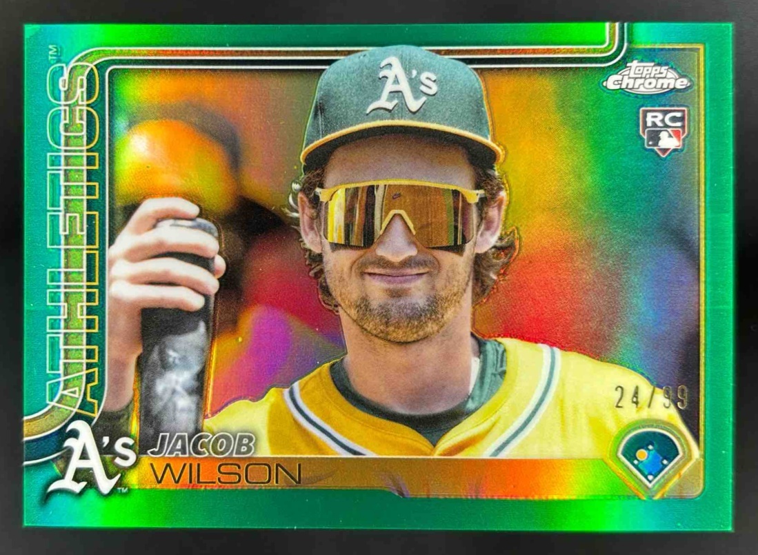Card image for 2025 Topps Chrome Update Jacob Wilson Image Variation Green Refractor /99 RC SSP