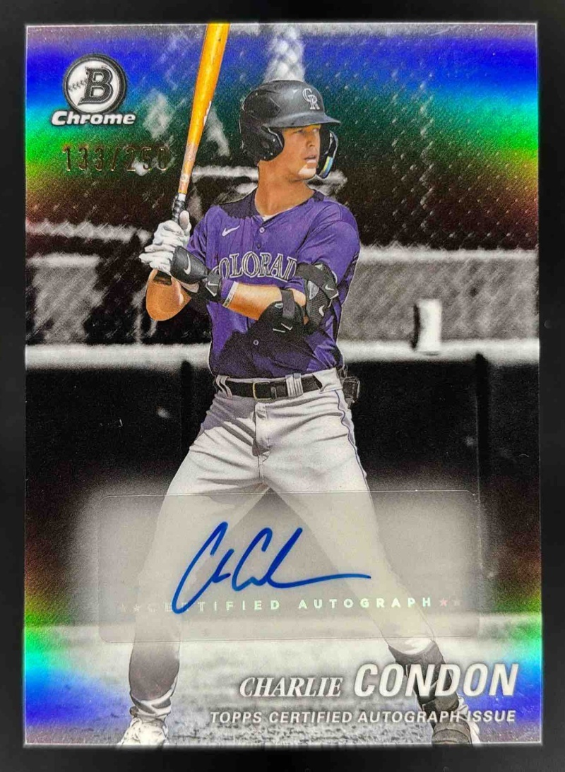 Card image for 2025 Bowman Draft Charlie Condon Achromatic Auto /250 #AA-CC Rockies