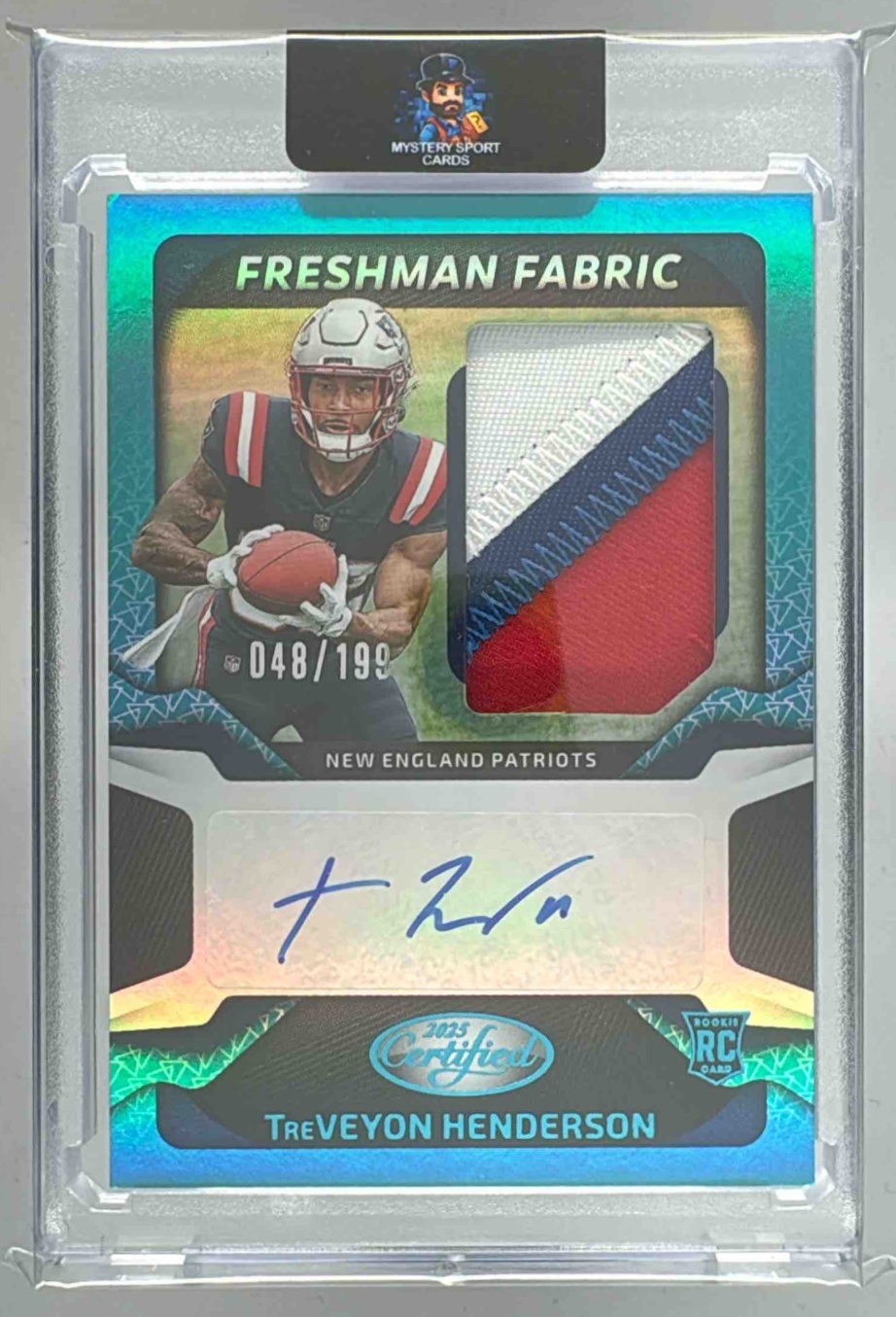 Card image for 2025 Panini Certified TreVeyon Henderson Freshman Fabric Mirror Signatures Teal /199 #FBC-THN MEM RC Auto Patriots