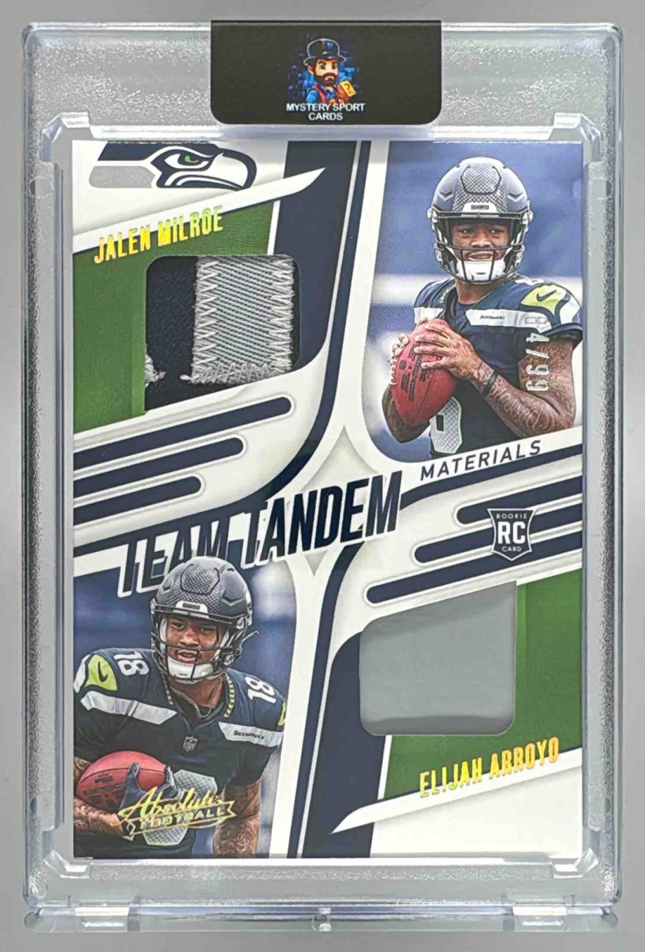 Card image for 2025 Panini Absolute Jalen Milroe Elijah Arroyo Team Tandem Materials Gold /99 #TTM-SES Seahawks