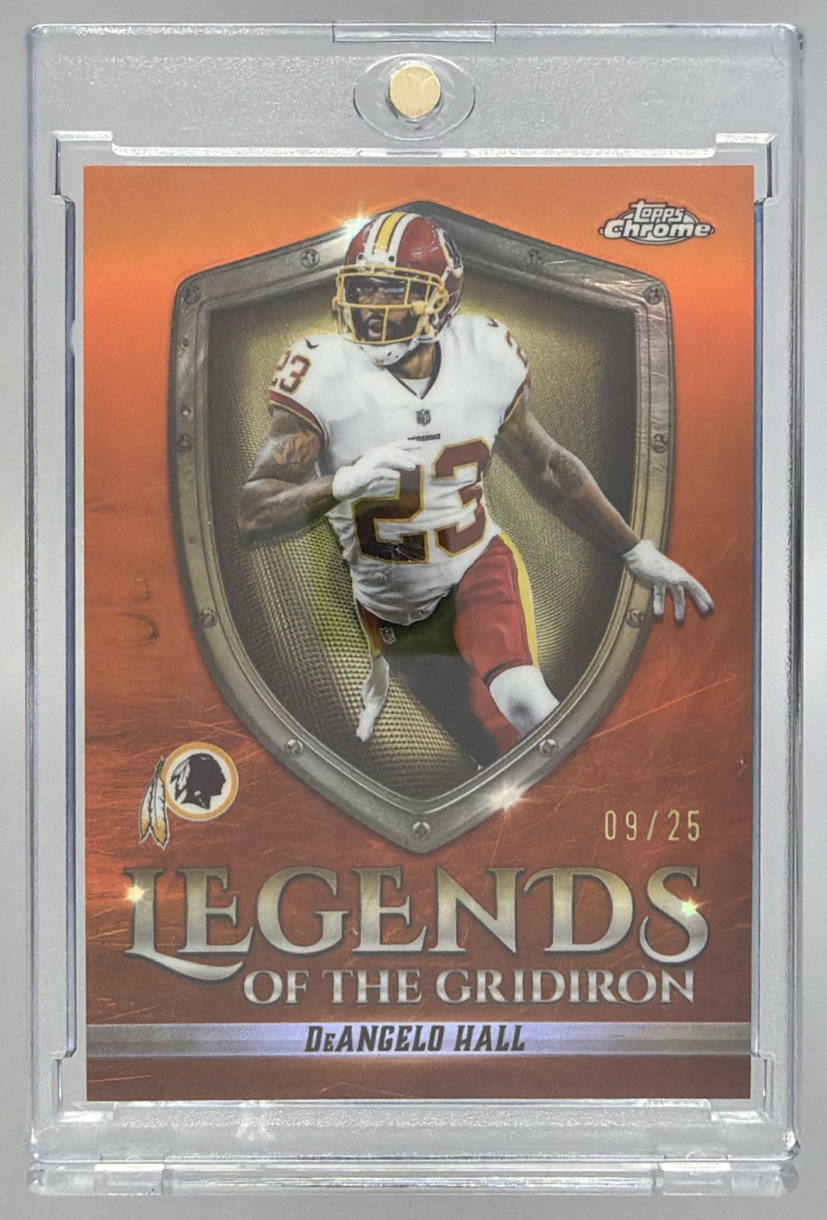 Card image for 2025 Topps Chrome DeAngelo Hall Legends of the Gridiron Orange Refractor /25 #LOG-35 Redskins