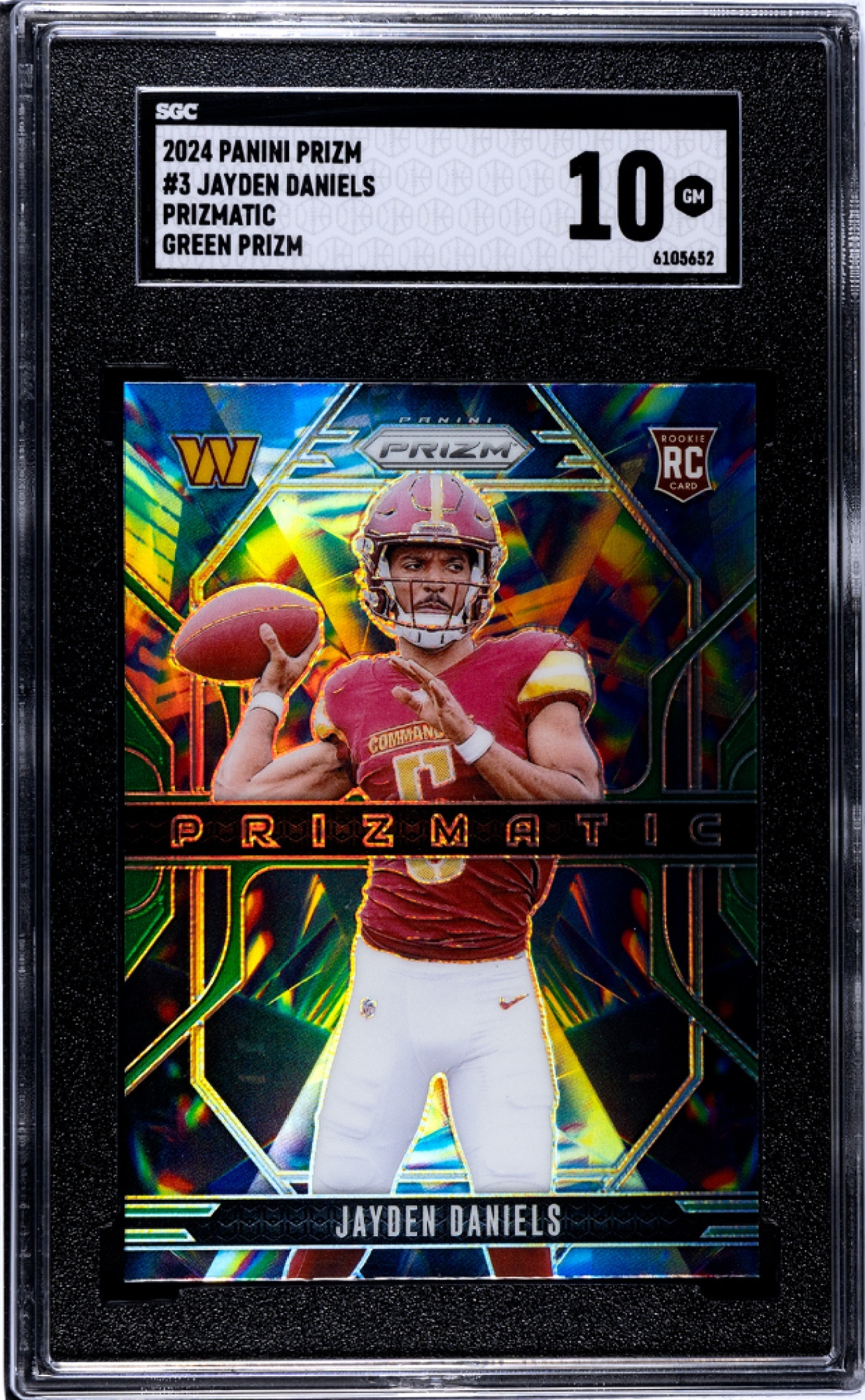 Card image for 2024 Panini Prizm Jayden Daniels Prizmatic Green Ice #3 RC Commanders