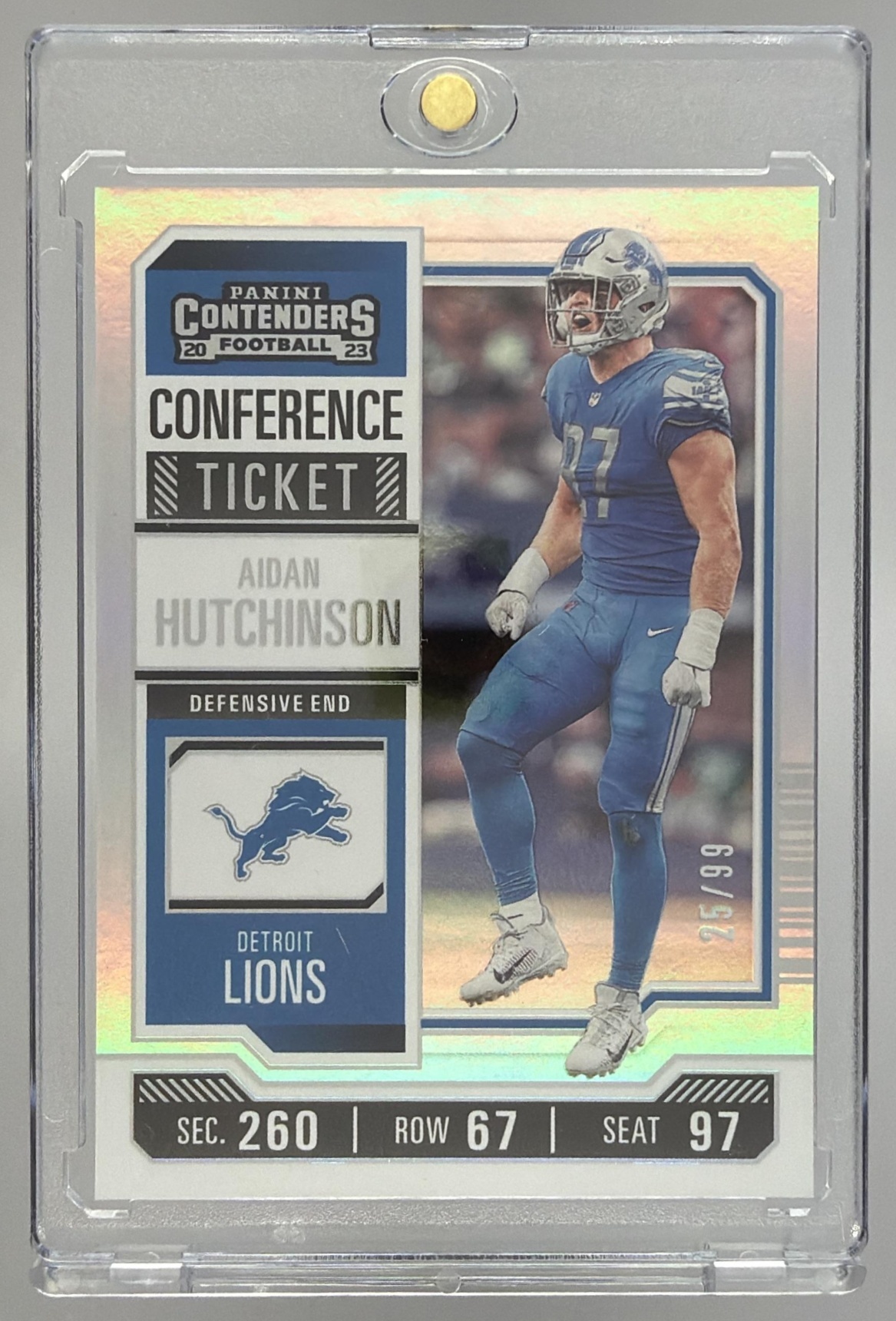 Card image for 2023 Panini Contenders Aidan Hutchinson Conference Ticket /99 #33 Season Lions