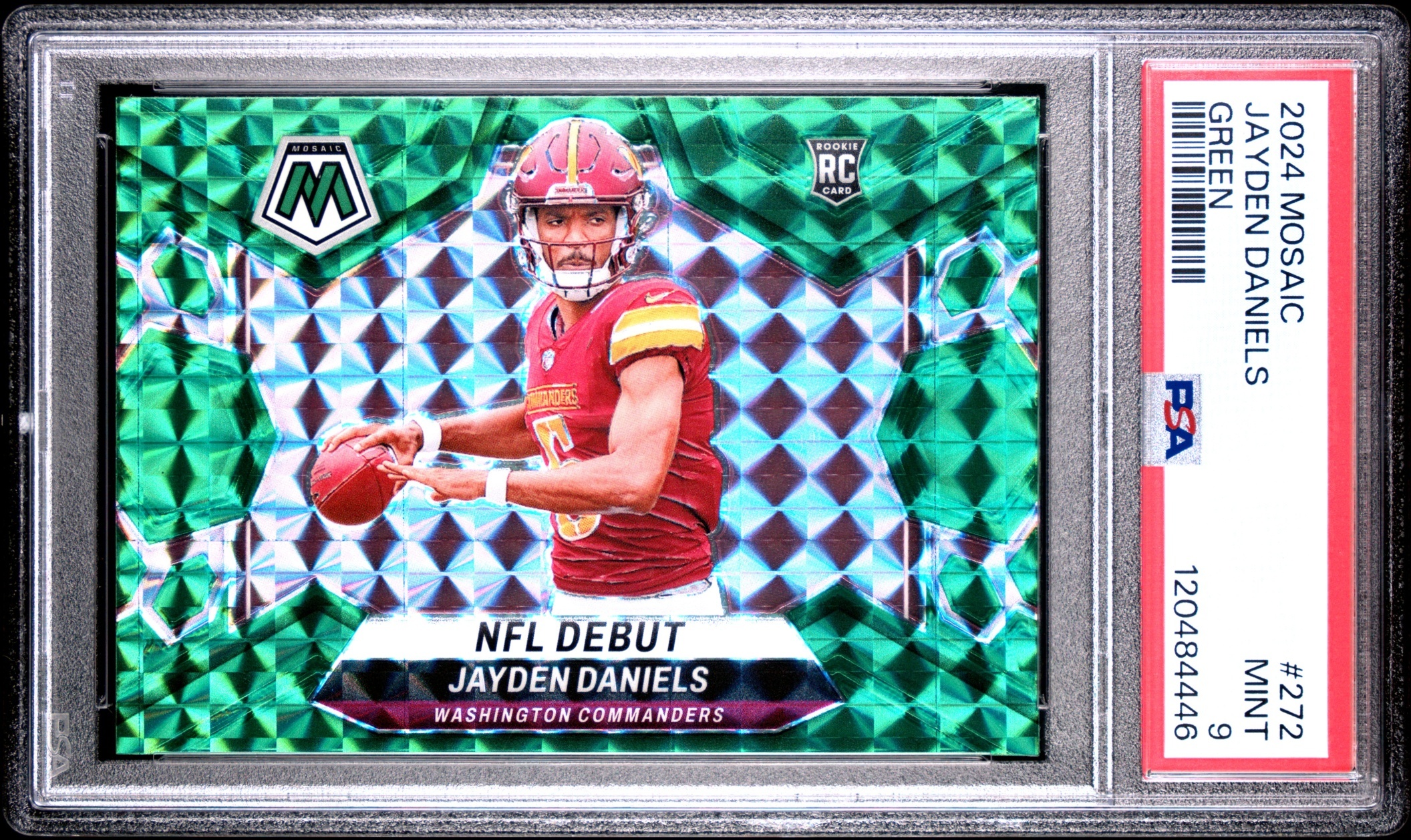 Card image for 2024 Panini Mosaic Jayden Daniels Green Prizm #272 RC NFL Debut Commanders