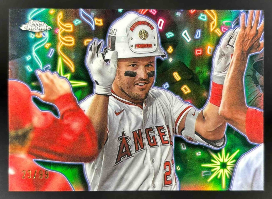 Card image for 2025 Topps Chrome Update Mike Trout Celebracion Green Refractor /99