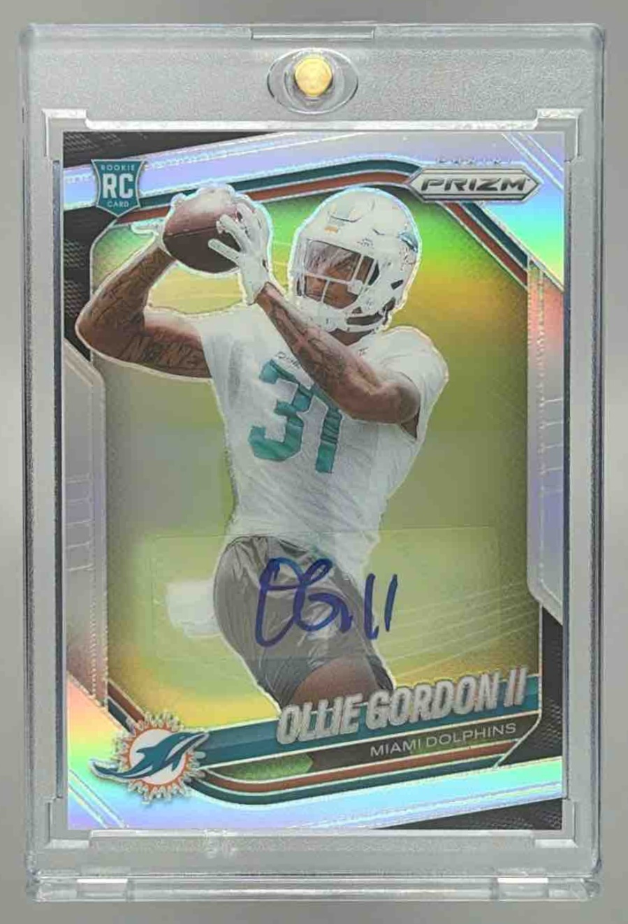 Card image for 2025 Panini Prizm Ollie Gordon II Rookie Auto Silver #333 RC Dolphins