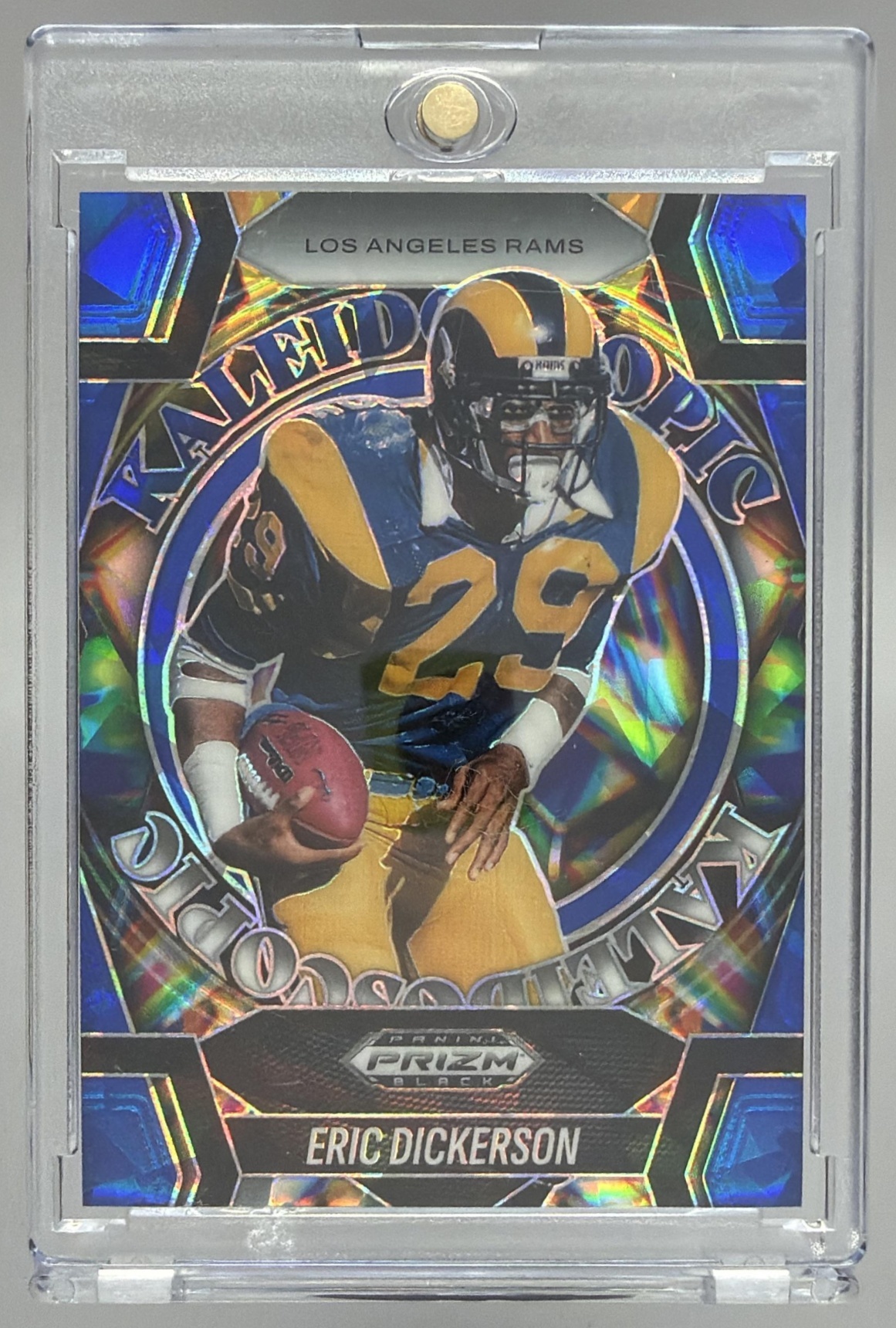 Card image for 2025 Panini Prizm Black Eric Dickerson Kaleidoscopic Blue Ice /125 #8 Rams