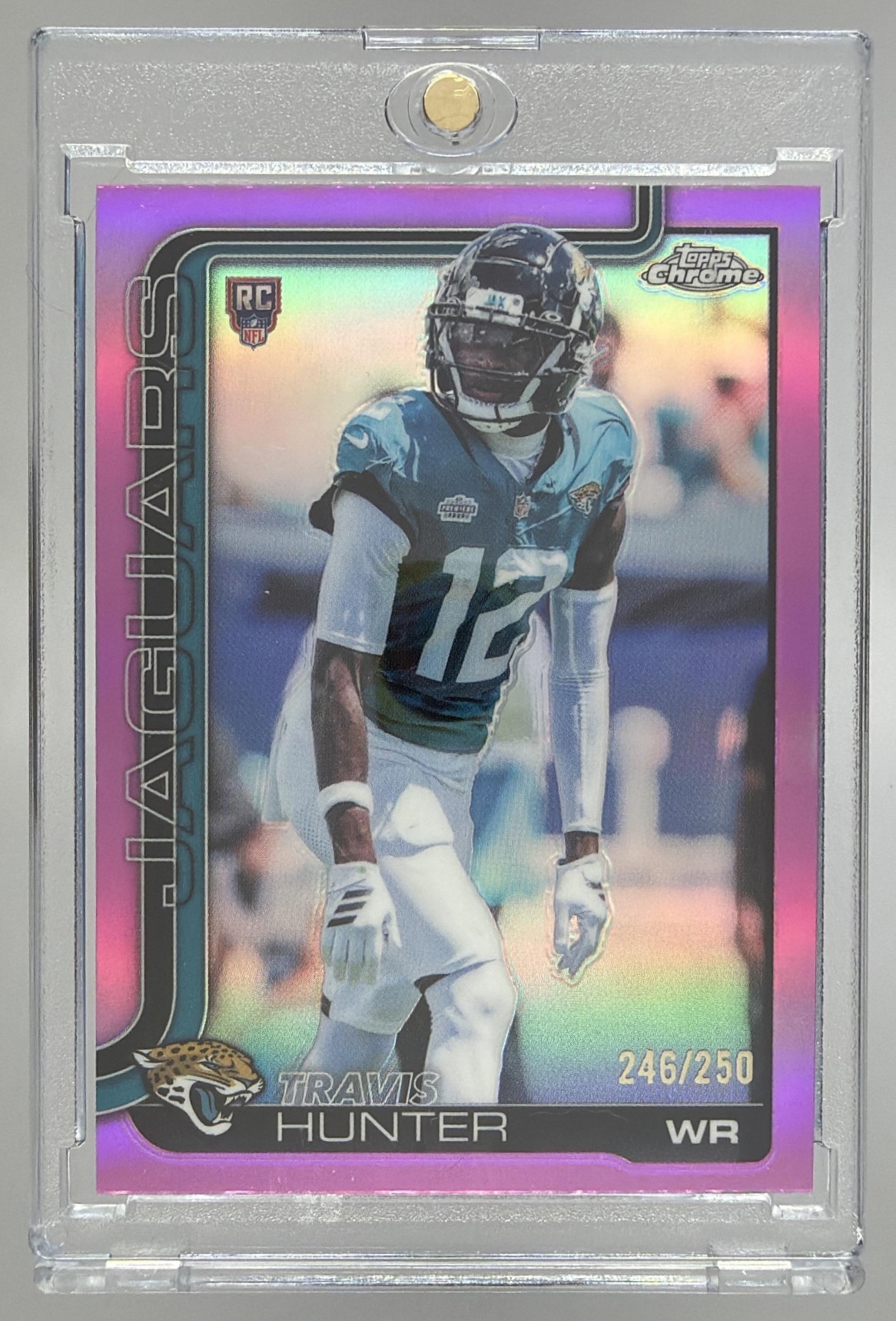 Card image for 2025 Topps Chrome Travis Hunter Rookie Pink Wave Refractor /250 #332 RC Jaguars