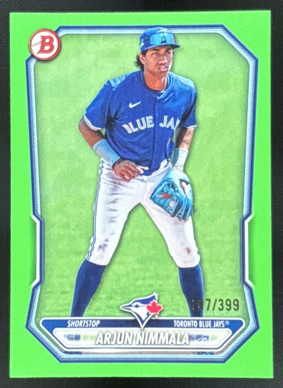 Card image for Arjun Nimmala 2026 Bowman Neon Green Border /399 Prospects Toronto Blue Jays