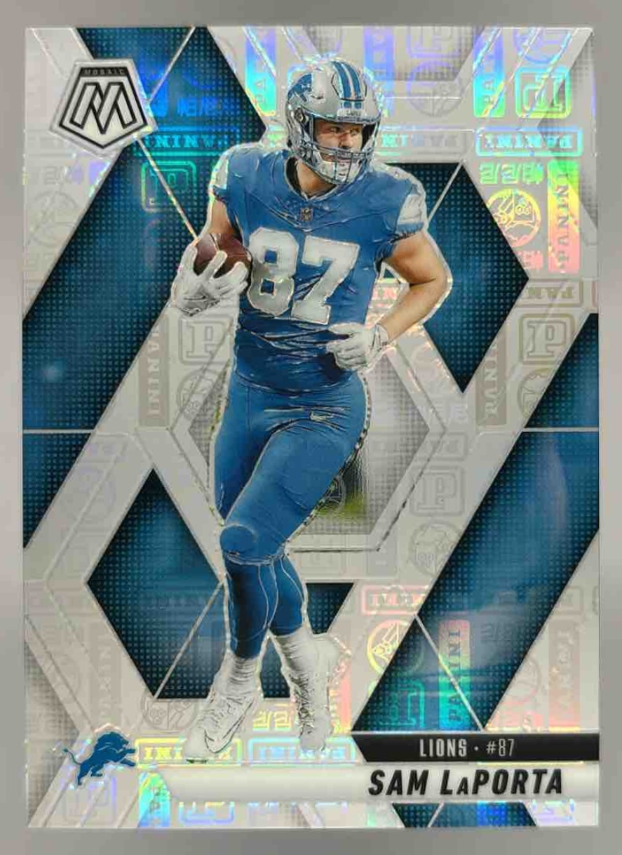 Card image for 2025 Panini Mosaic Sam LaPorta Silver Knight Prizm /149 #63 Lions