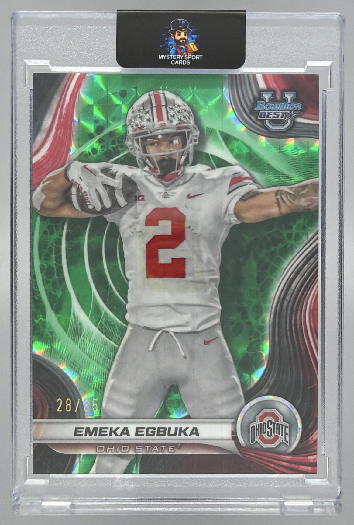 Card image for 2024 Bowman Best University Emeka Egbuka Gold Refractor /50 #97 Buckeyes