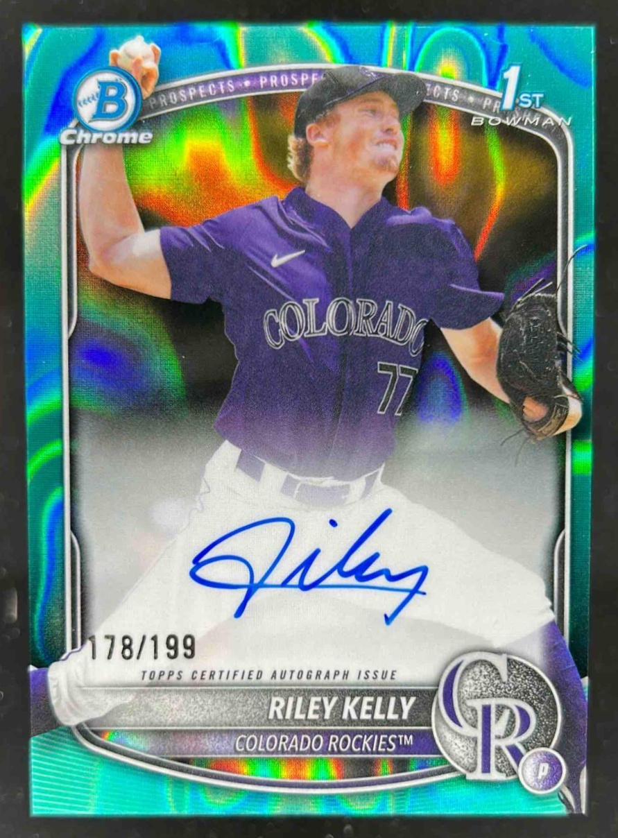 Card image for Riley Kelly 2025 Bowman Draft Chrome Prospect Auto Aqua Lava Refractor /199