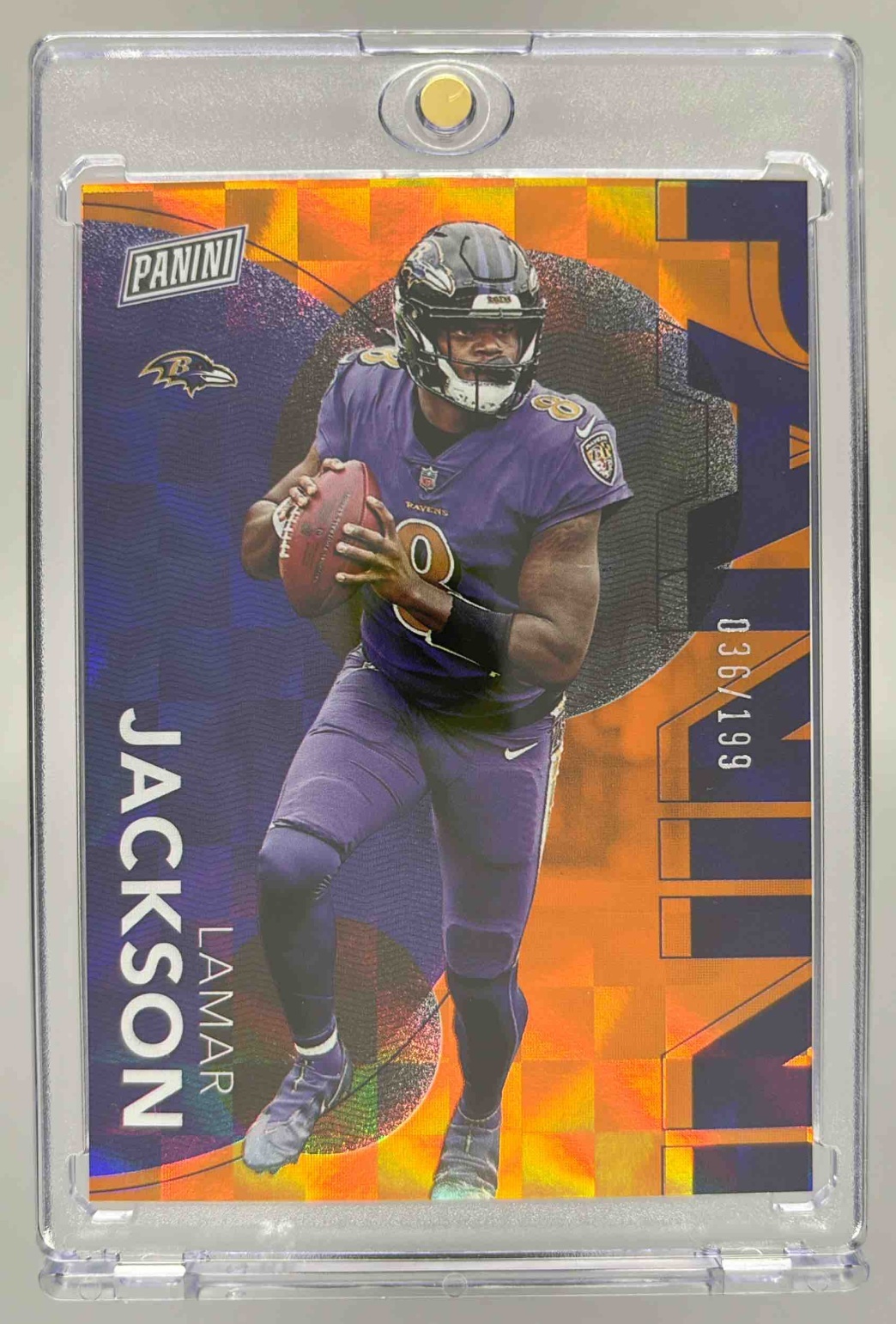 Card image for 2023 Panini National Convention Silver Lamar Jackson Orange /199 #12 Ravens