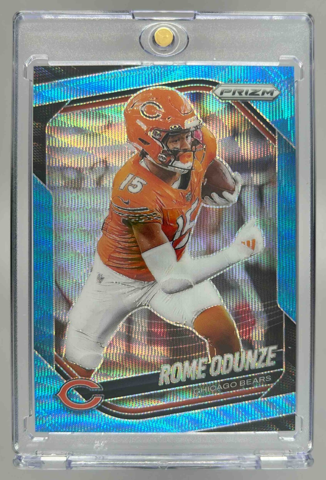 Card image for 2025 Panini Football Prizm Rome Odunze Blue Wave /230 #8 Chicago Bears