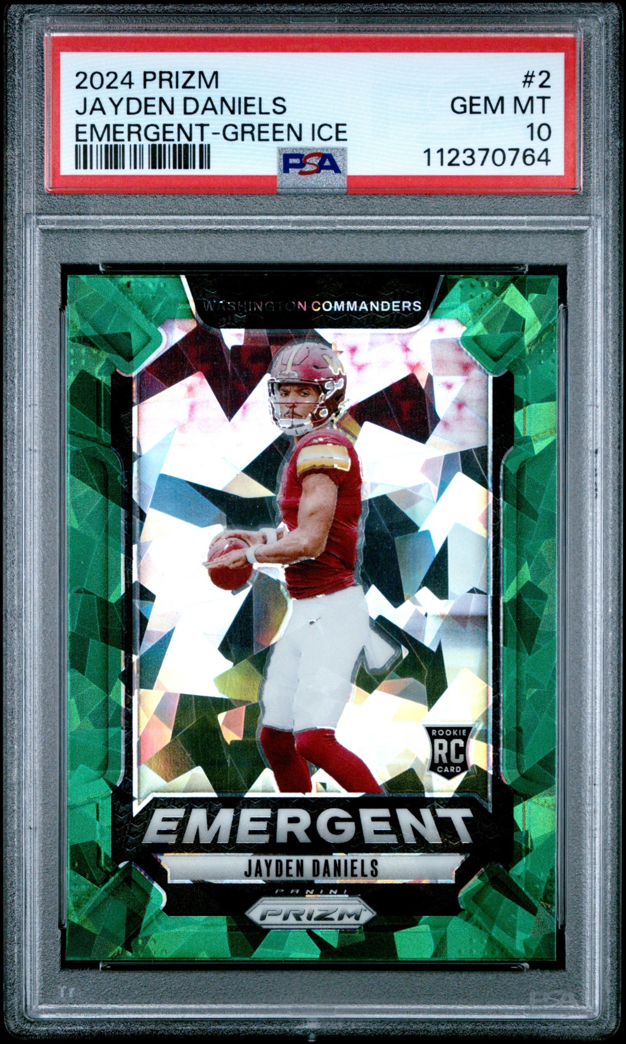 Card image for 2024 Panini Prizm Jayden Daniels Emergent Green Ice #2 RC Commanders