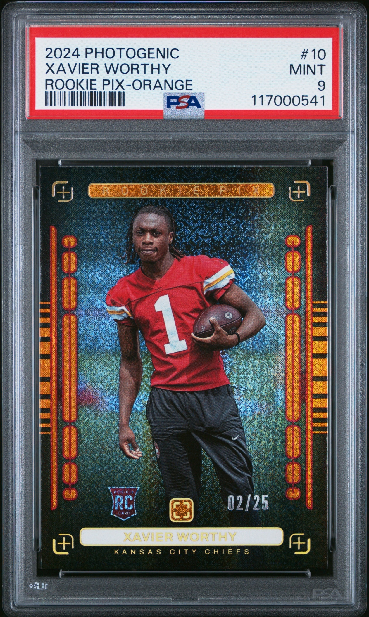 Card image for 2024 Panini Photogenic Xavier Worthy Rookie Pix Orange /25 #10 RC Chiefs