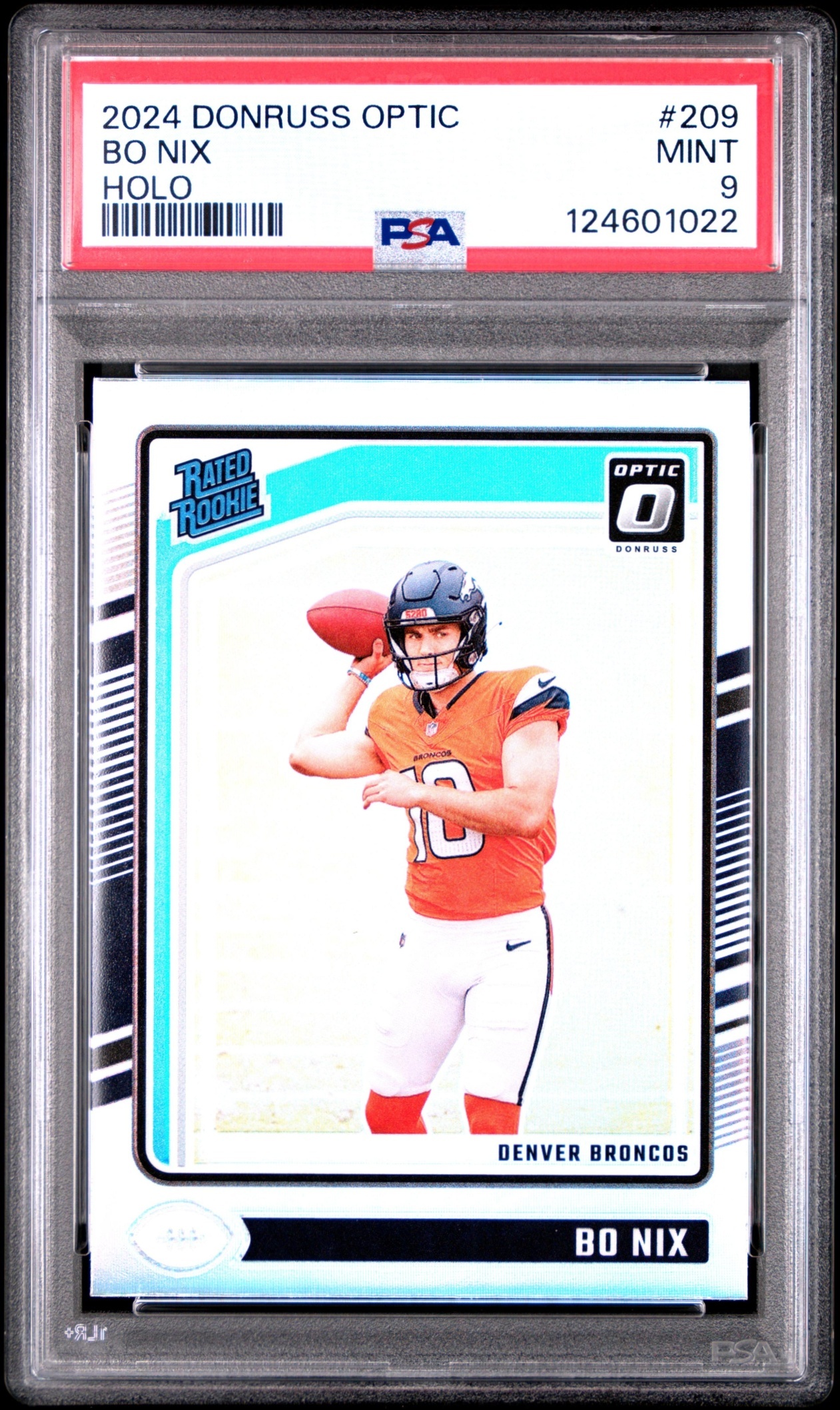 Card image for 2024 Panini Football Donruss Optic Bo Nix Holo #209 Rated Rookie Denver Broncos