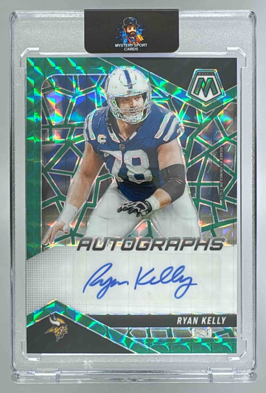 Card image for 2025 Panini Mosaic Ryan Kelly Mosaic Auto Choice Fusion Green and Black Prizm /25 #AMC-RKY Vikings