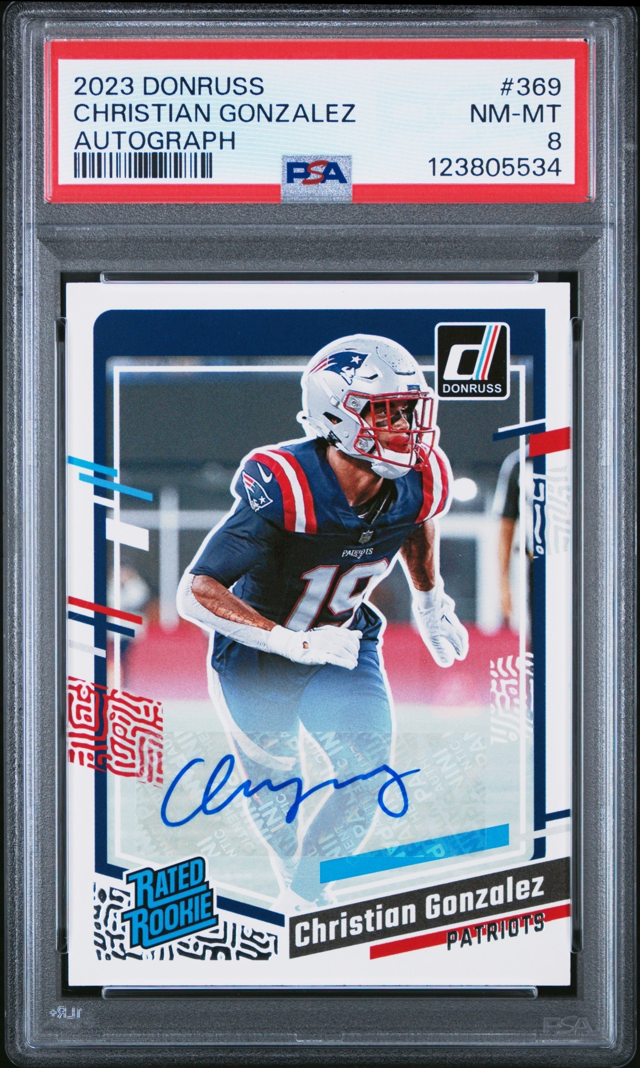 Card image for 2023 Panini Donruss Christian Gonzalez Rated Rookie Auto Gold /25 #369 RC Patriots