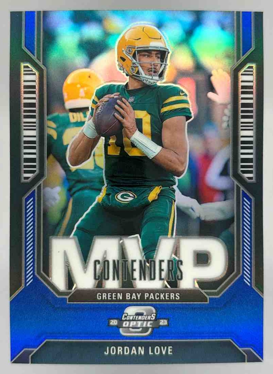 Card image for 2023 Panini Contenders Optic Jordan Love MVP Blue /99 #MVP-19 Packers