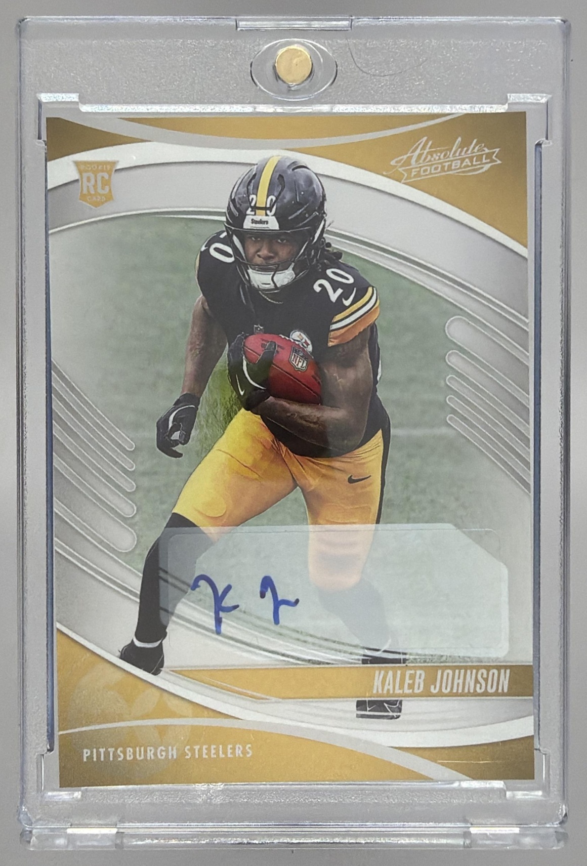 Card image for 2025 Panini Absolute Kaleb Johnson Signature Rookies #148 RC Auto Steelers