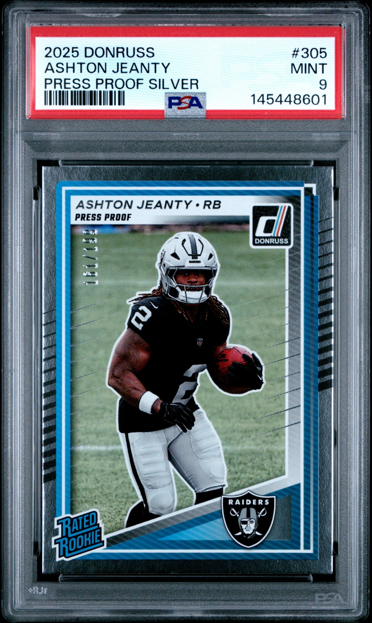 Card image for 2025 Panini Donruss Ashton Jeanty Rated Rookie Press Proof Silver /199 #305 RC Raiders