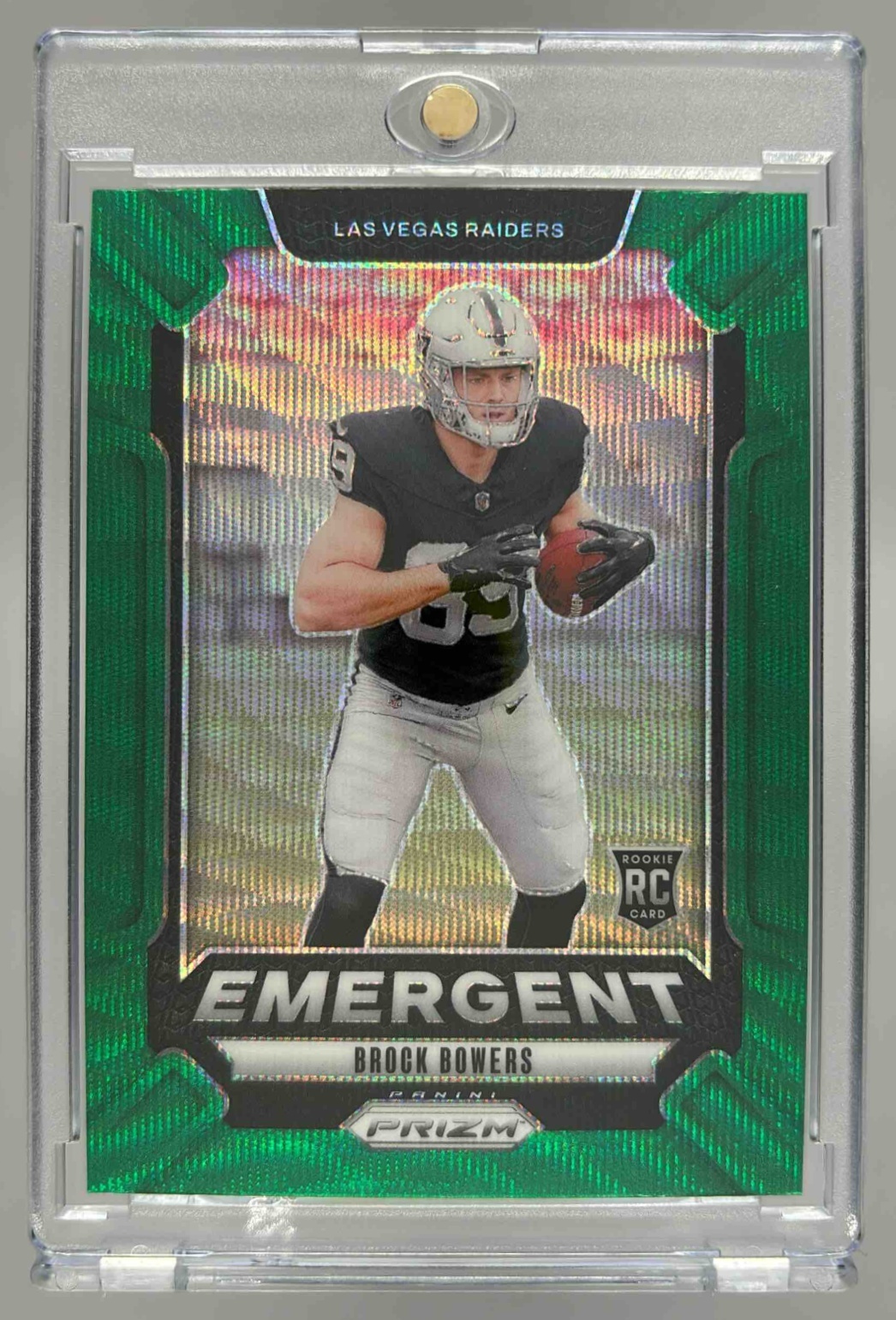 Card image for 2024 Panini Prizm Brock Bowers Emergent Green Wave #8 RC Raiders