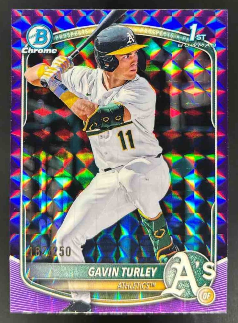 Card image for 2025 Bowman Draft Gavin Turley Chrome Purple Geometric Refractor /250 1st