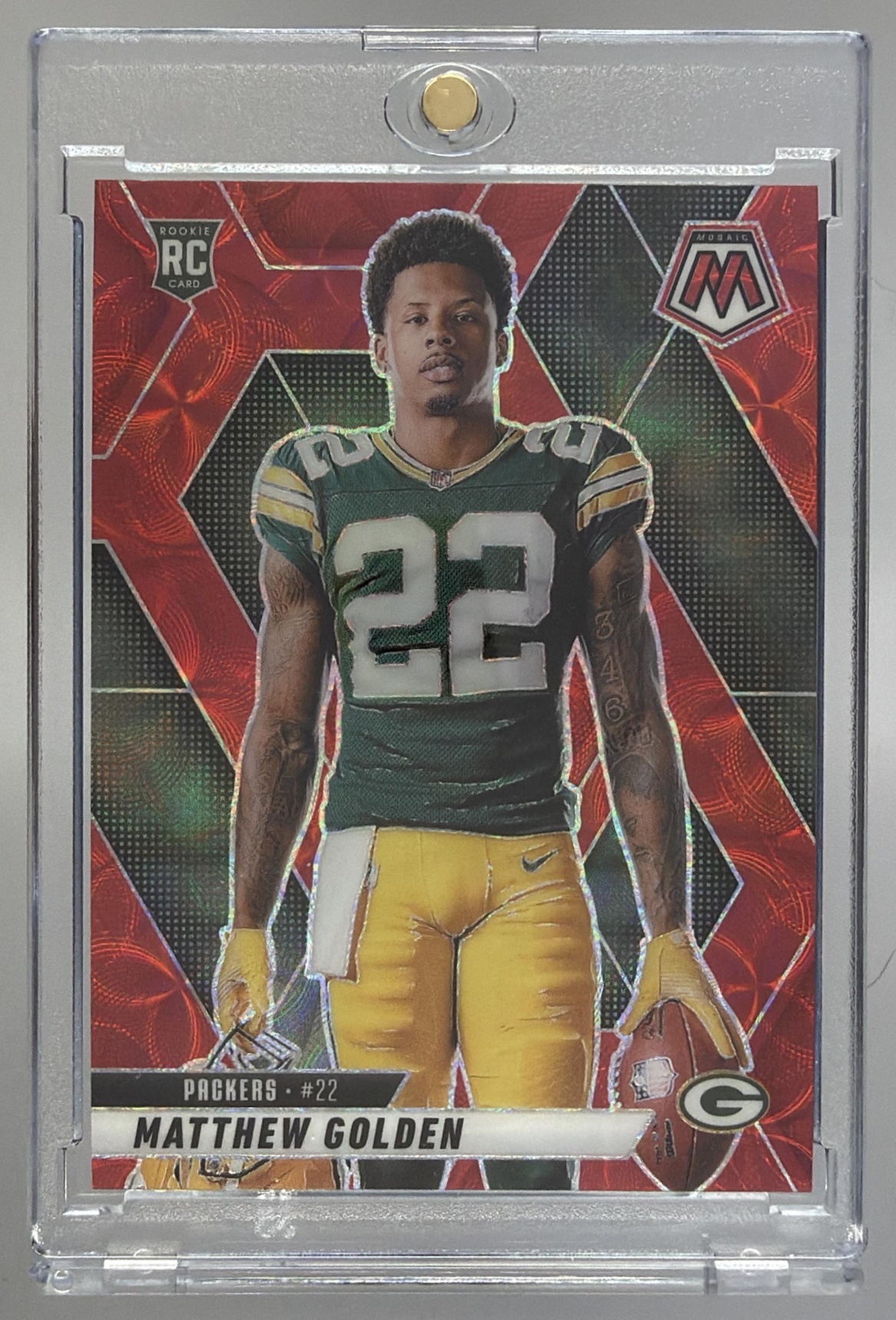 Card image for 2025 Panini Mosaic Matthew Golden Rookie Variation Mosaic Prizm #285 RC Packers