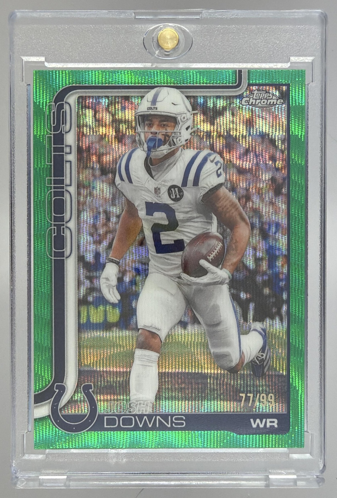 Card image for 2025 Topps Chrome Josh Downs Green Wave Refractor /99 #127 Colts