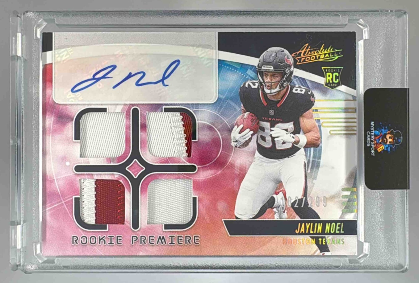 Card image for 2025 Panini Absolute Jaylin Noel Rookie Premiere Materials Autos Quad /299 #RPM-JNL MEM RC Auto Texans