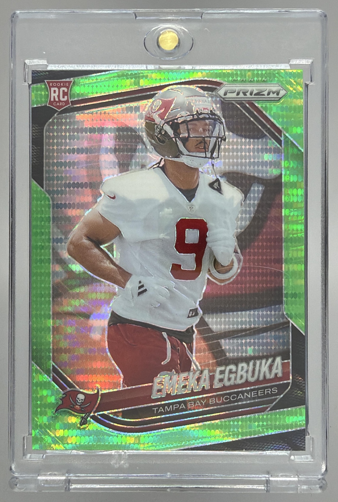 Card image for 2025 Panini Prizm Emeka Egbuka Neon Green Pulsar #351 RC Buccaneers