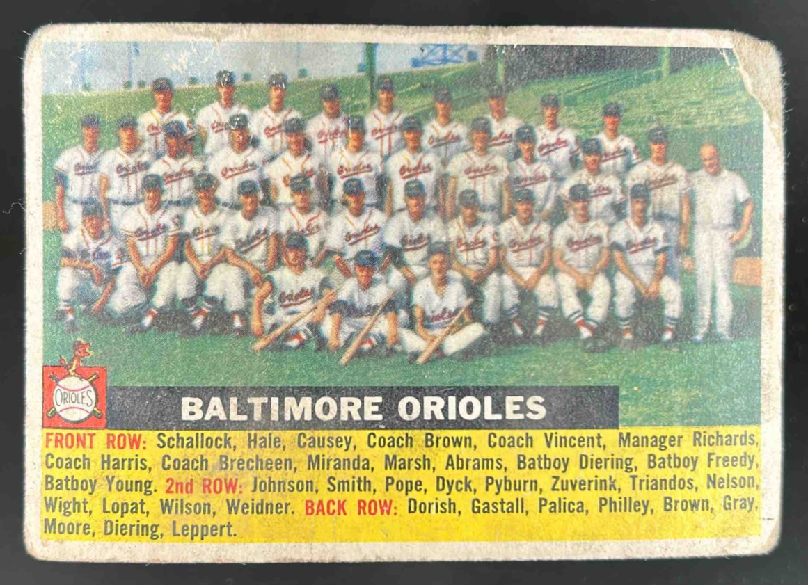 Card image for 1956 Topps Baseball VAR: With Date; White Back</figcaption> #100a Baltimore Orioles