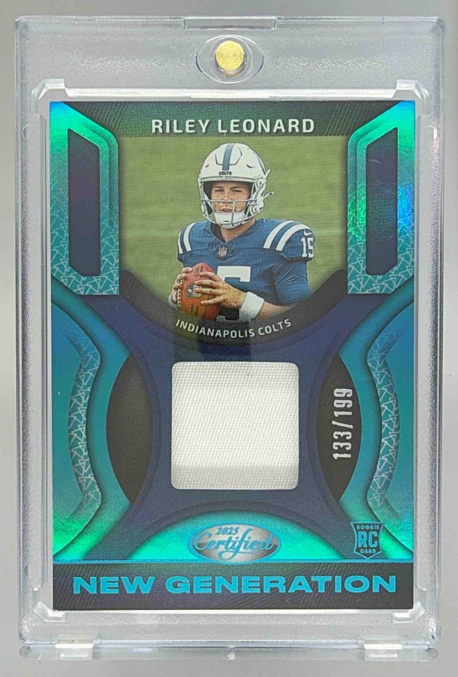 Card image for 2025 Panini Certified Riley Leonard New Generation Jerseys Mirror Teal /199 #NGJ-RLD Colts