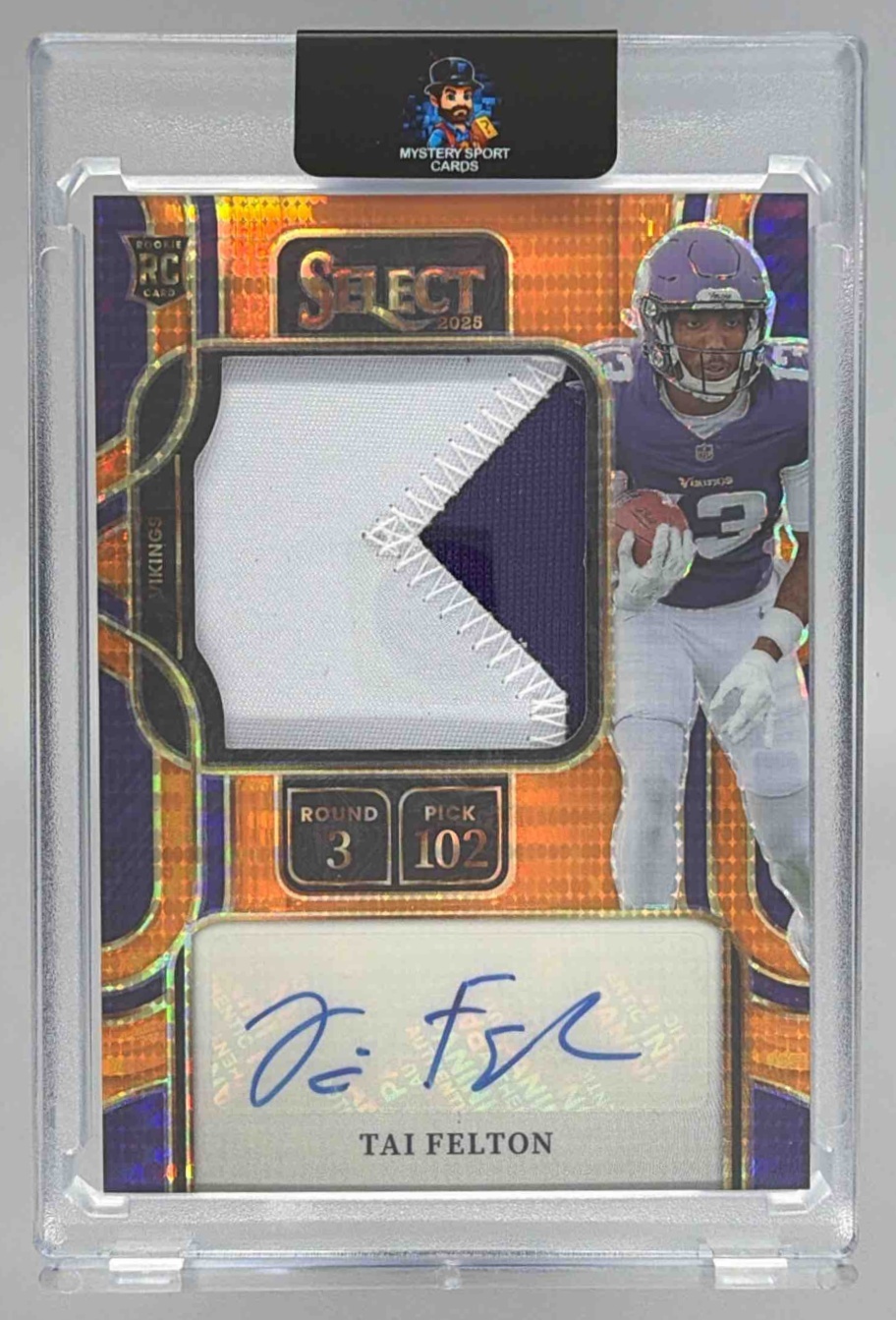 Card image for 2025 Panini Select Tai Felton Prime Selections Signatures Neon Orange Pulsar Prizm /45 #PSS-TAF Auto Vikings