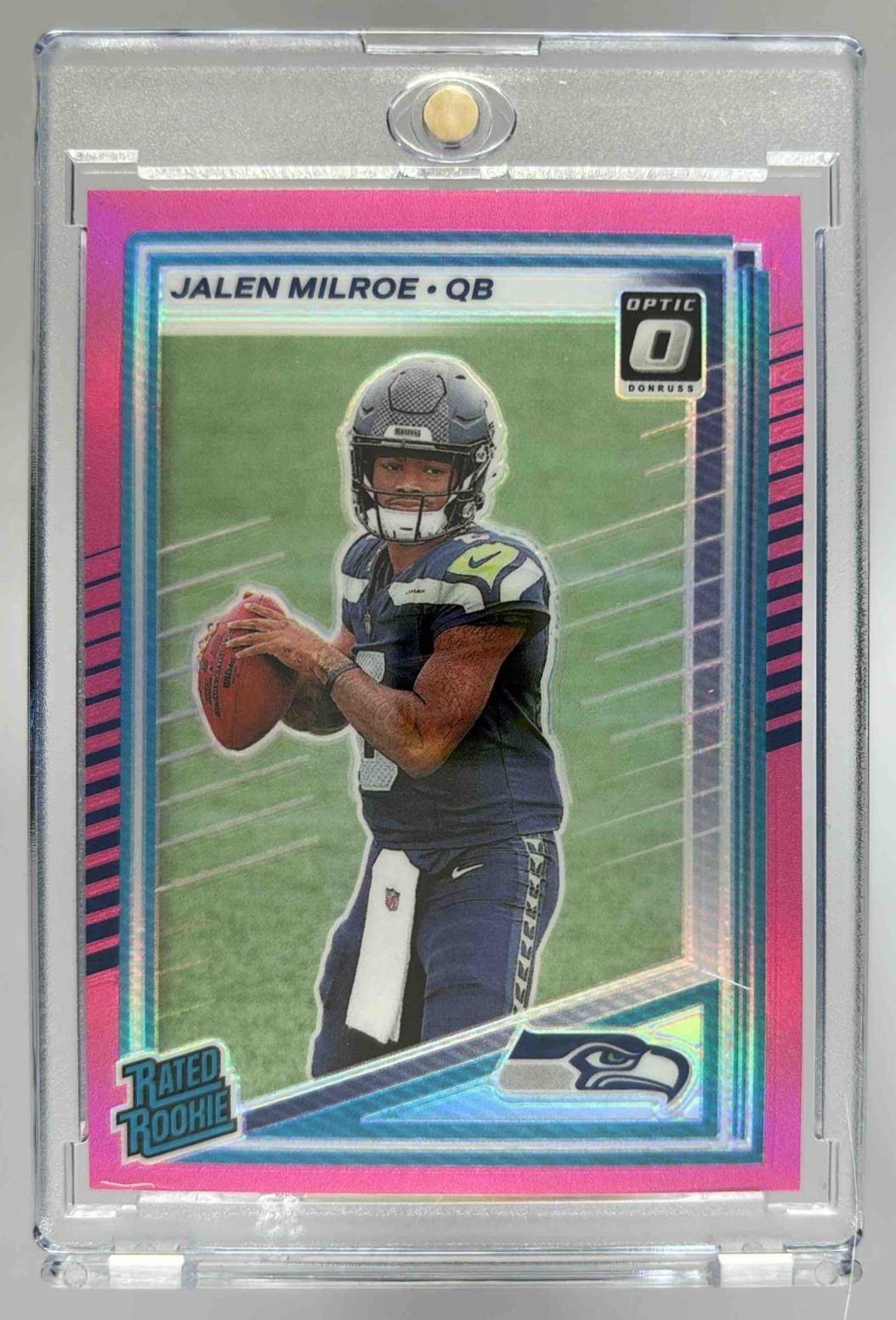 Card image for 2025 Panini Donruss Jalen Milroe Optic Rated Rookie Preview Pink #307 RC Seahawks