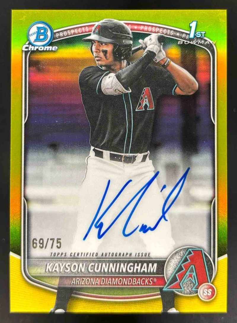 Card image for 2025 Bowman Draft Kayson Cunningham Chrome Auto Yellow Refractor /75 1st