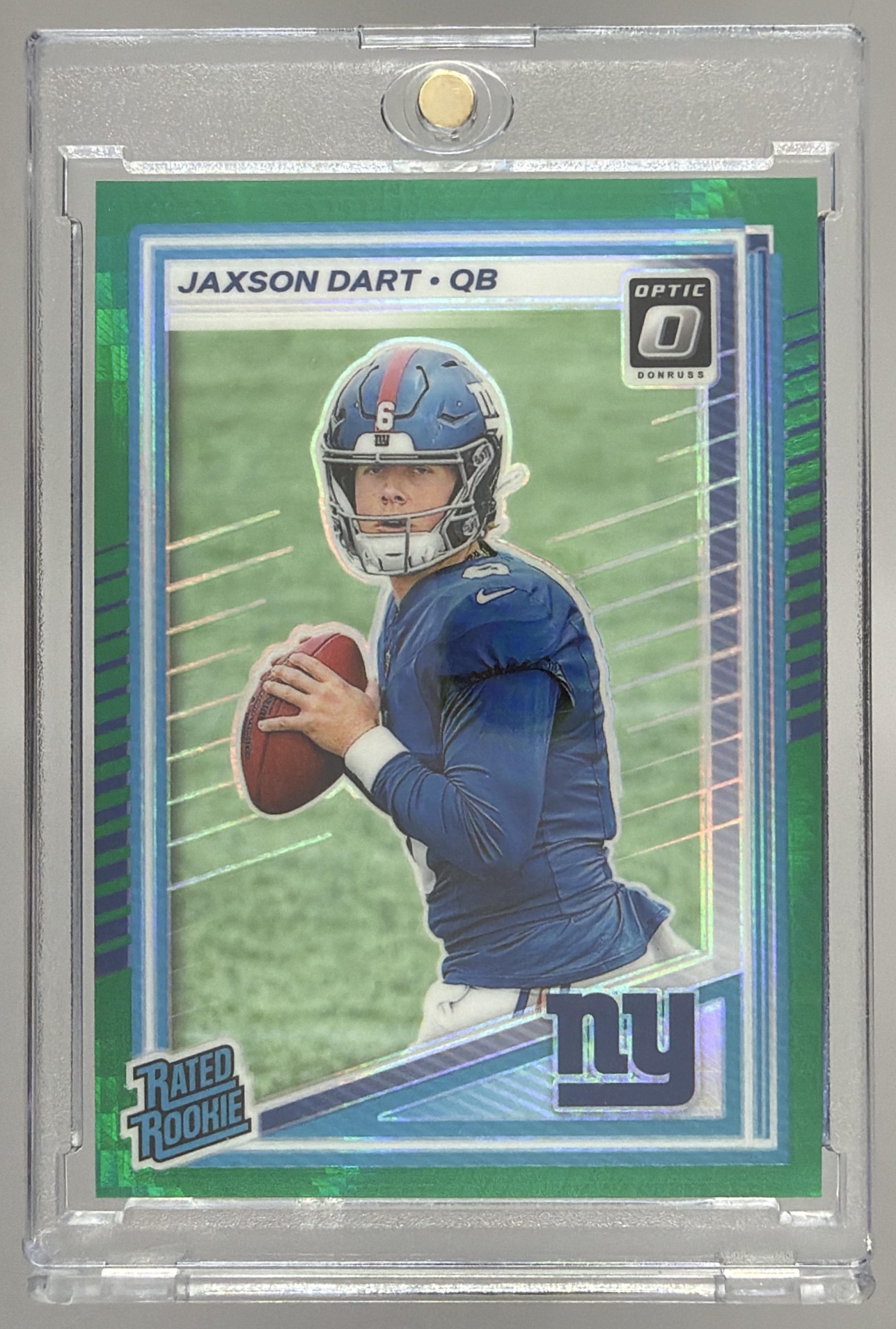 Card image for 2025 Panini Donruss Optic Jaxson Dart Rated Rookie Green Hyper Prizm #273 Giants
