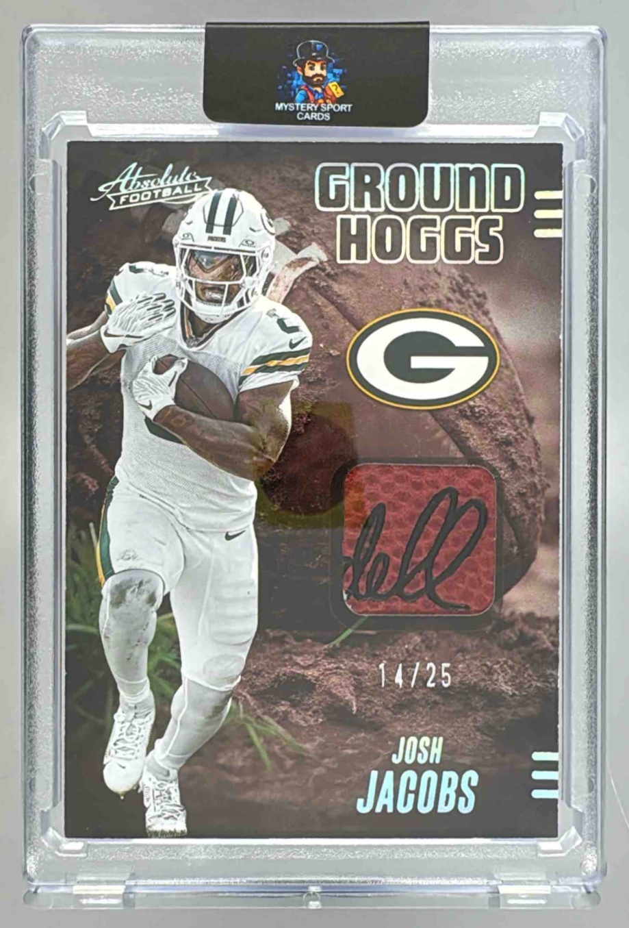 Card image for 2025 Panini Absolute Josh Jacobs Ground Hoggs Materials Holo Silver /25 #GHM-JJA Packers