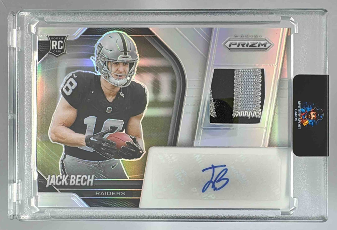 Card image for 2025 Panini Prizm Jack Bech Rookie Patch Auto Silver /99 #RPH-JBH MEM RC Raiders