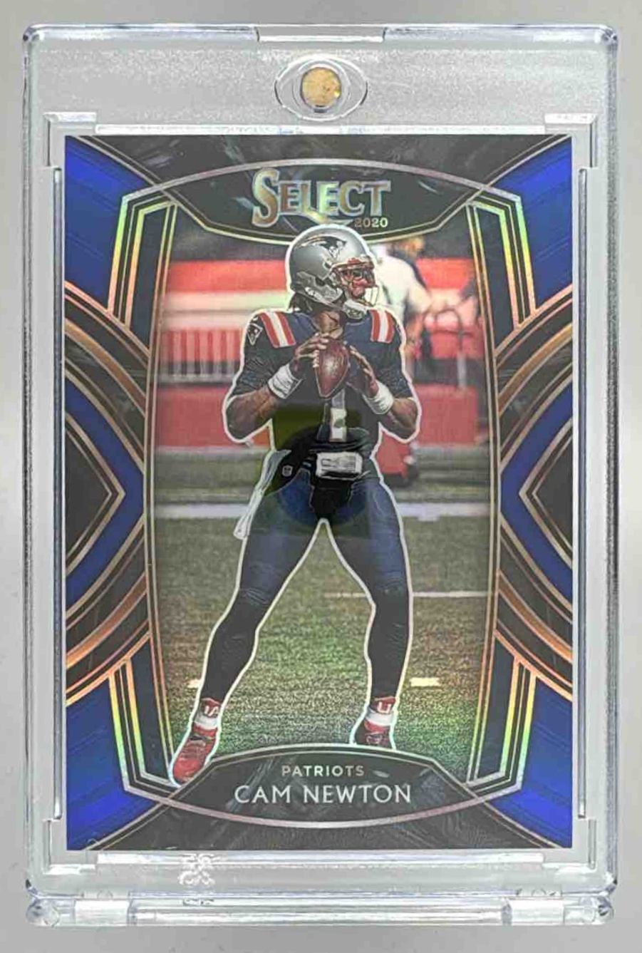 Card image for 2020 Panini Select Cam Newton Blue Prizm /75 #236 Club Patriots