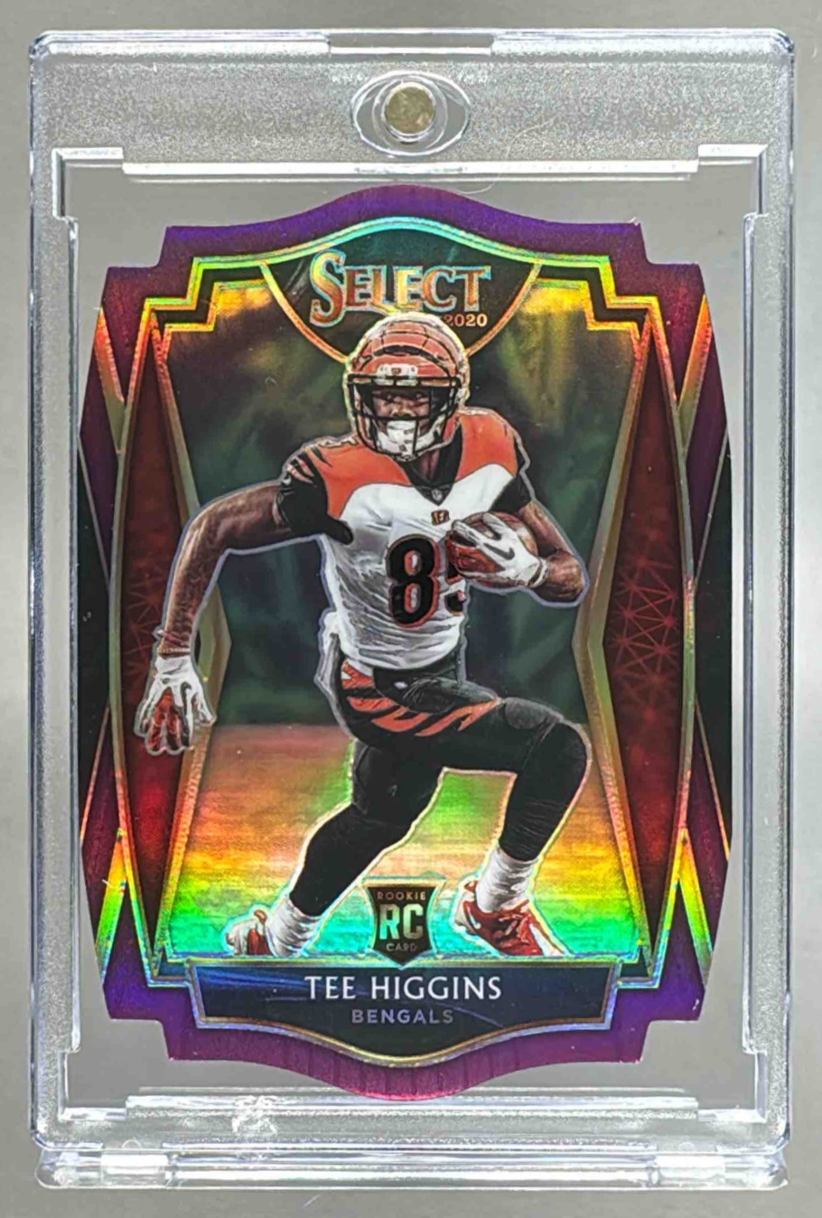 Card image for 2020 Panini Select Tee Higgins Purple Prizm Die Cut #160 RC Premier Bengals