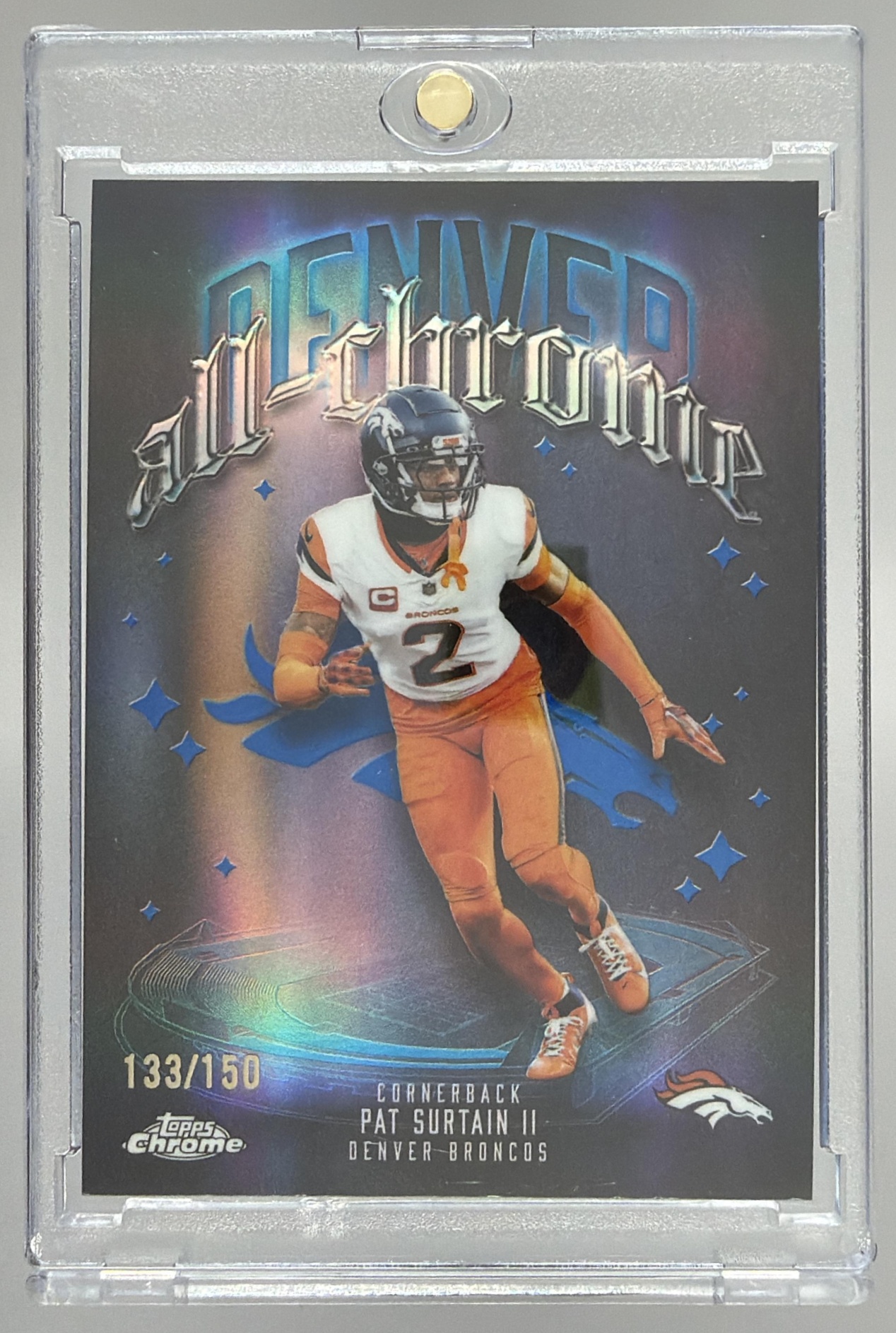 Card image for 2025 Topps Chrome Pat Surtain II All Team Blue Refractor /150 #ACT-18 Broncos