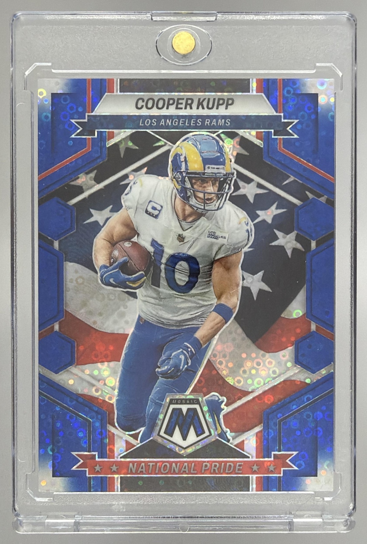 Card image for 2023 Panini Mosaic Cooper Kupp Blue No Huddle Mosaic Prizm /75 #267 National Pride Rams