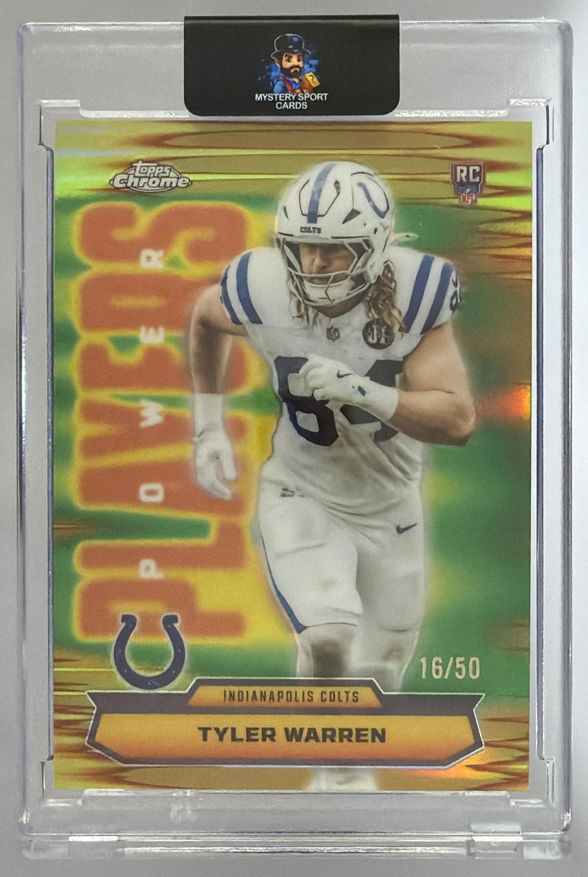 Card image for 2025 Topps Chrome Tyler Warren Power Players Gold Refractor /50 #PP-35 RC Colts